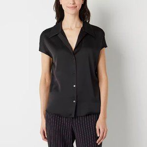 Worthington Womens Satin Black Short Sleeve Regular Fit Button-Down Shirt MEDIUM